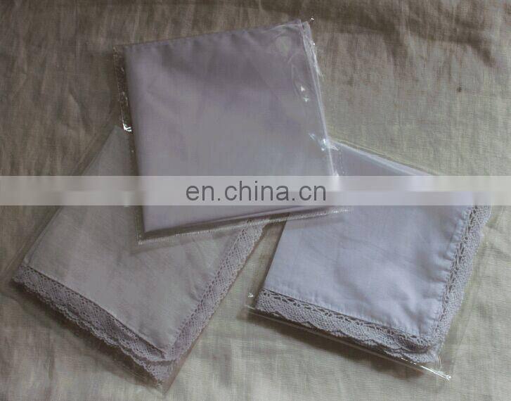 100% linen/cotton handkerchief with lace hem,white/blank for wedding,wholesale