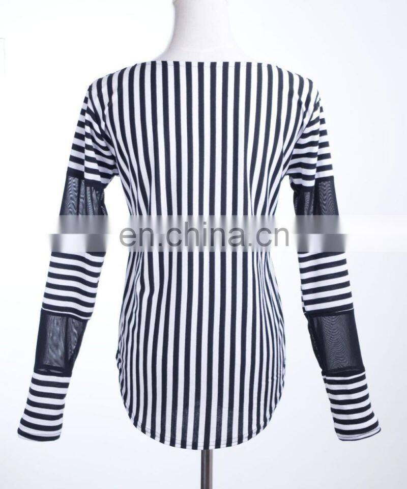 2017 latest fashion women's tee shirt Korean slim vertical stripes stitching female blouse shirt with mesh long sleeve