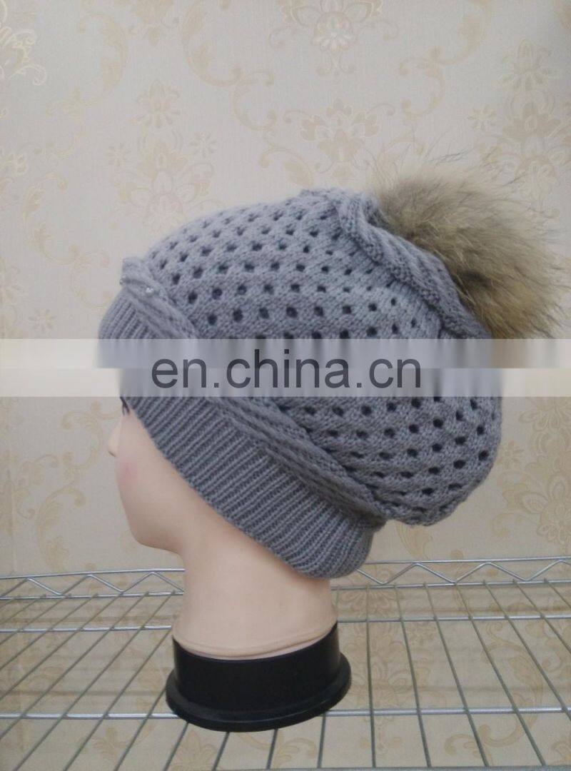 Real Wool Knitted With Raccoon Fur Pompom Beanie Hat Pretty Wool Knitted Raccoon Fur Ball hat