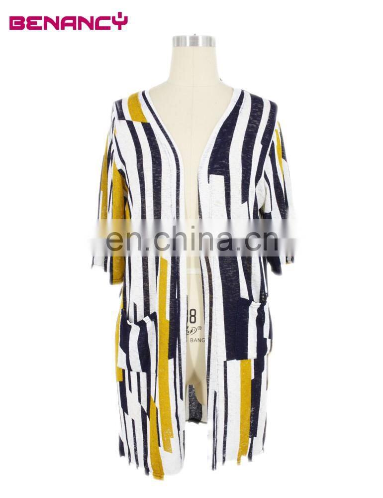 Benancy Stripe Long Summer Knitted Wear Sweater Cardigan Kimono Woman