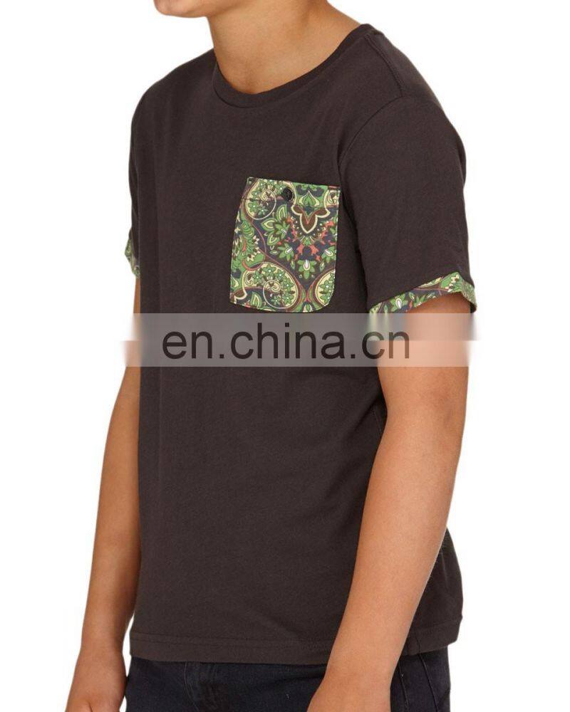 O-neck boys short sleeve cotton t-shirt with water printing check pocket sleeve binding