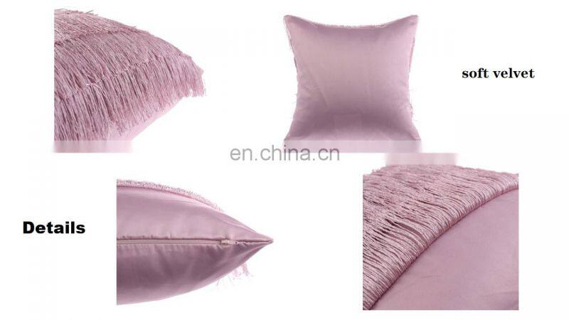 Solid Decorative Velvet Throw Pillow Cushion Cover with Long Fringe