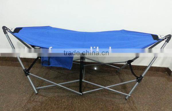 Folding portable hammock with steel tube frame stand with utility pocket