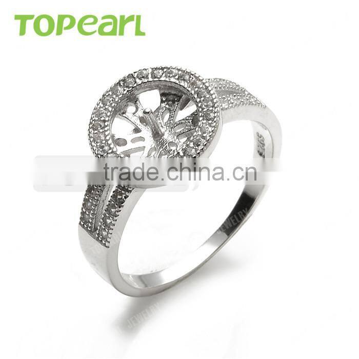 925 Sterling Silver Round Face Shiny Cubic Zirconia Ring Mountings Jewelry Findings & Components 9RM66