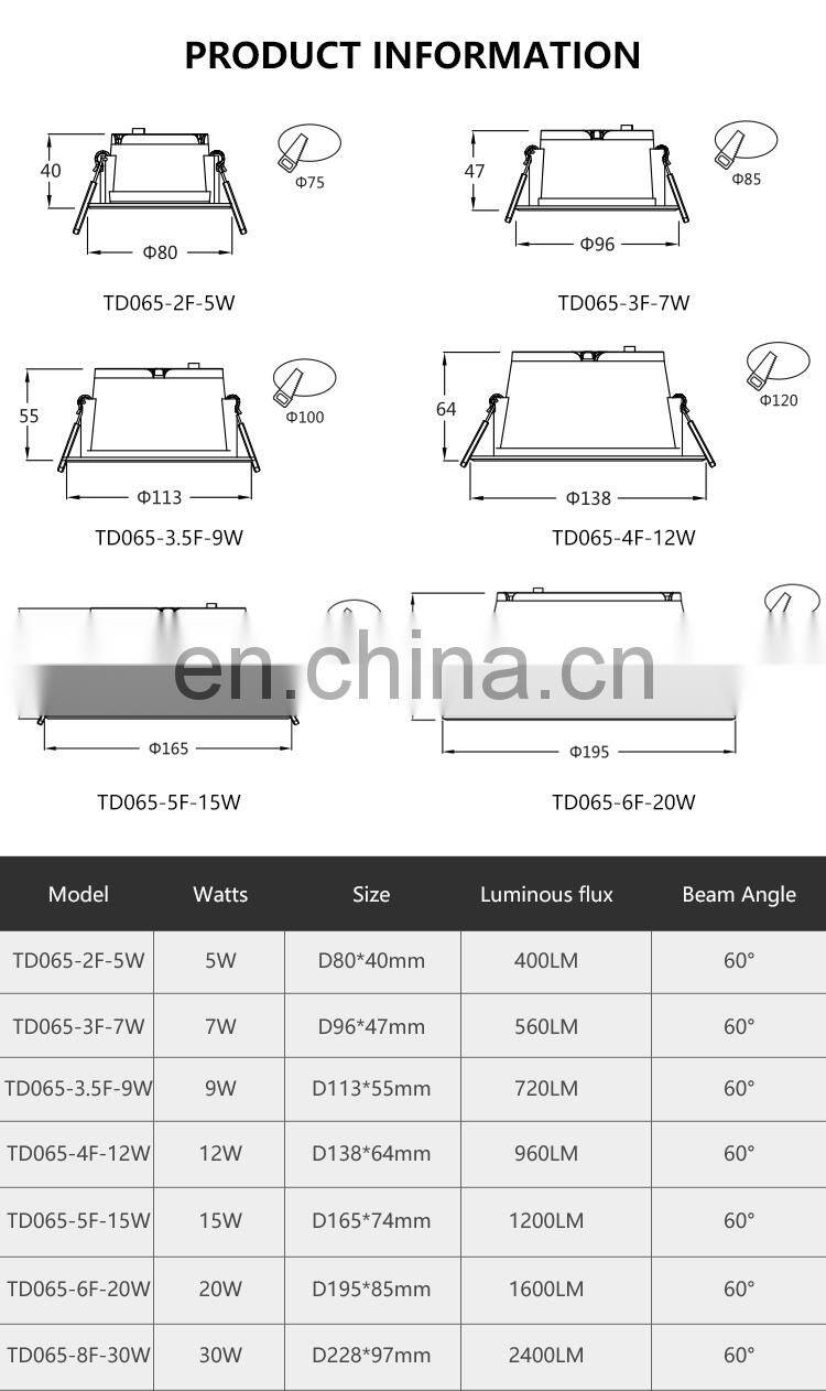 Tri Color Die Casting Aluminum Indoor Housing Office Recessed SMD2835 5Watt LED Downlight