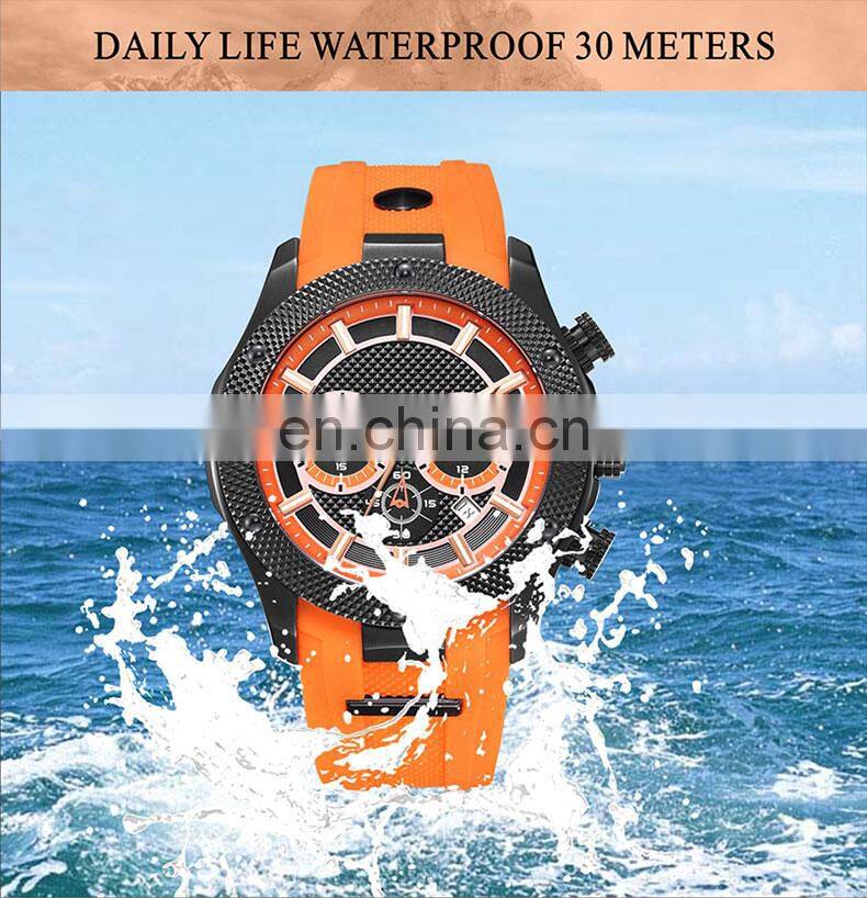 High quality rose gold case blue dial and silicone band dress steel chronograph sports watch men custom logo