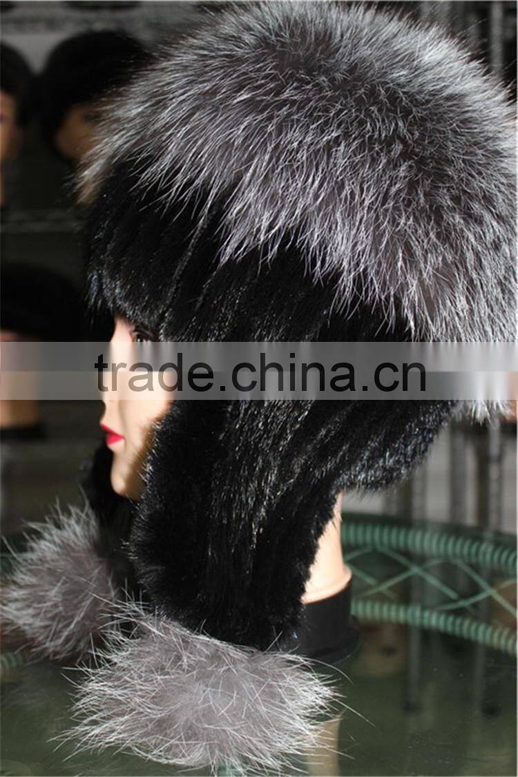 Women Winter Fur Hats Real Silver Fox Fur Pompom Mink Fur Hat With Ear Flap