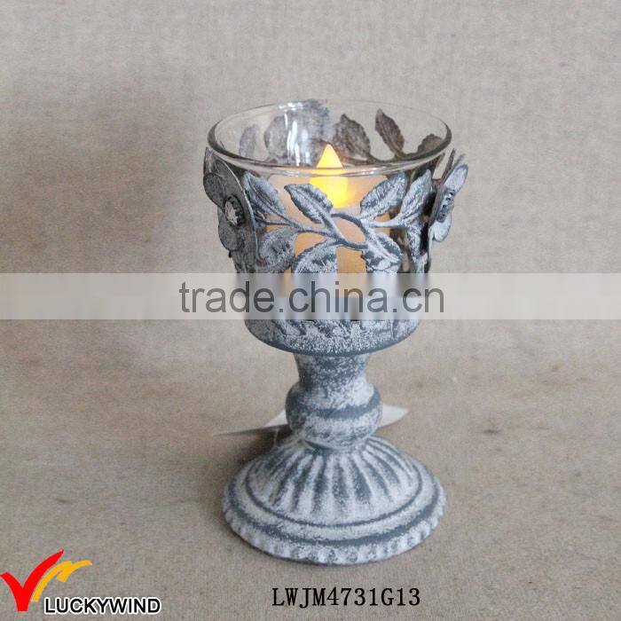 Vintage Gray Hurricane Glass Stemmed Tea Light Metal Candle Holder