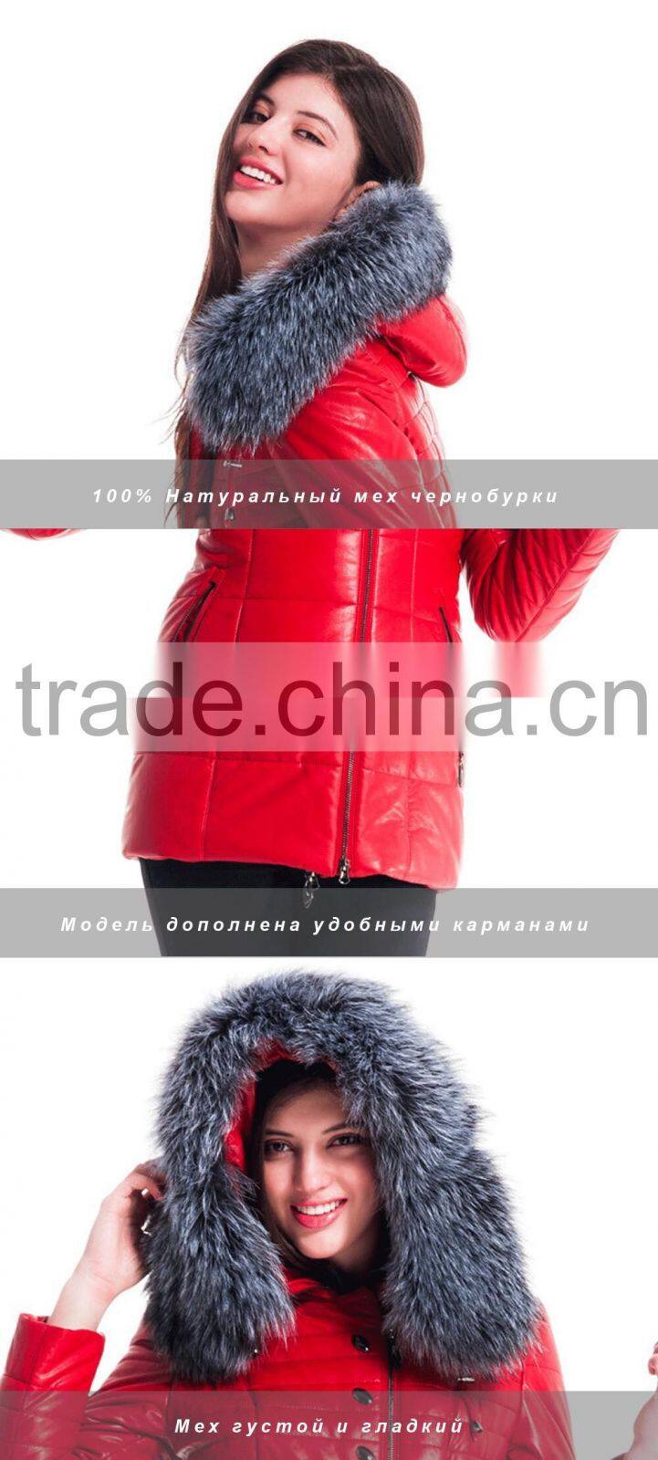 New Design Winter Women Short Coachman Leather Jacket With Brown Fox Hat Overcoat