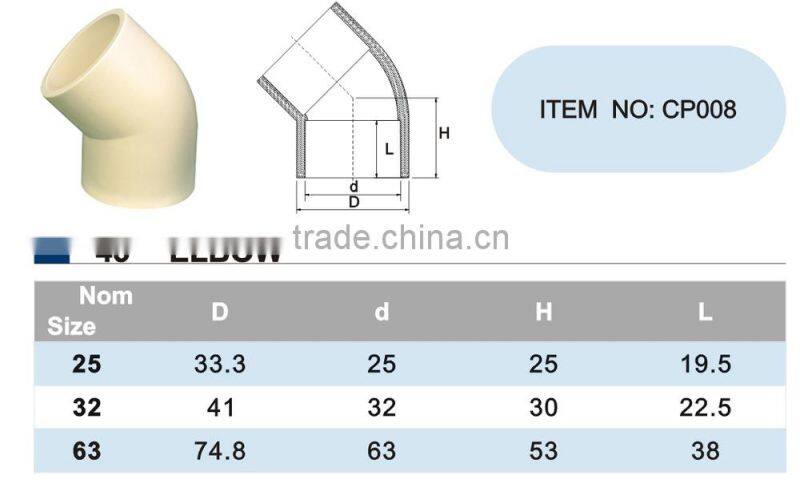 top quality CPVC 45 degree elbow for plastic pipe water supply DIN standard made in china