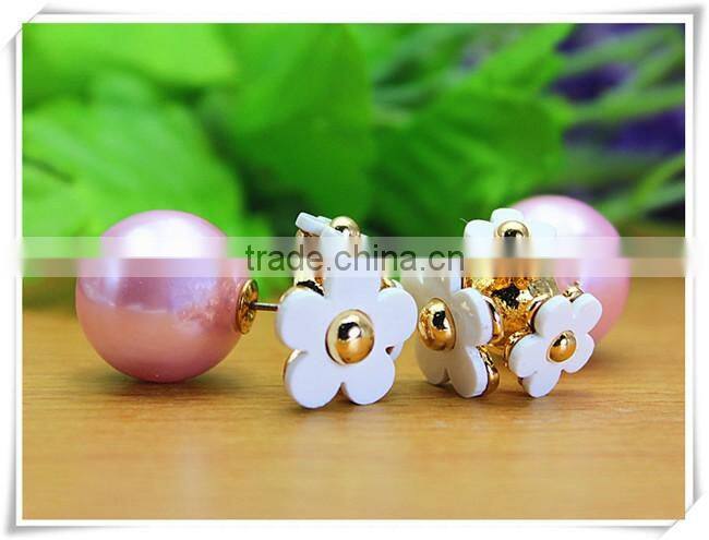 Korean Style Gold Plated Three Colorful Plastic Flower One Big Color Plated Pearl Double Side Stud Earring For Party Lady