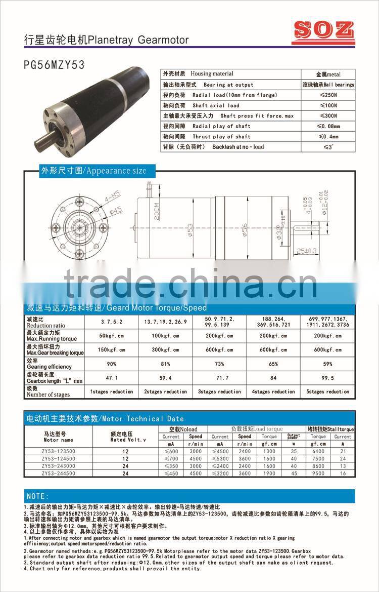 56mm 80W dc planetary brushless gear motor,