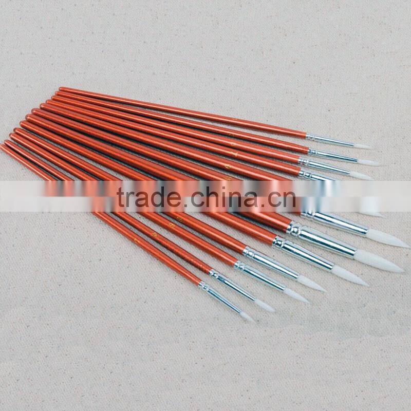 Wholesale 12pcs per set short red wood handle white nylon hair round acrylic artist paint brush pen set for art painting