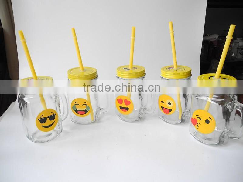 cute emoji smile face decal glass beverage handle mug with yellow lid