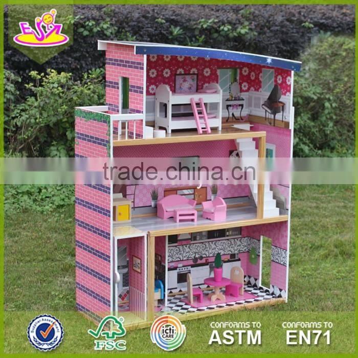 2017 New design kid wooden doll house kits lovely wooden girls doll house kits W06A218