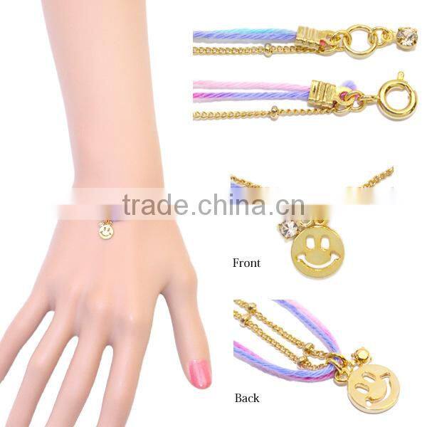 goldfill round smiling face charm bracelet tiny rhinestone charm bracelet colorful rope gold chain layered bracelet