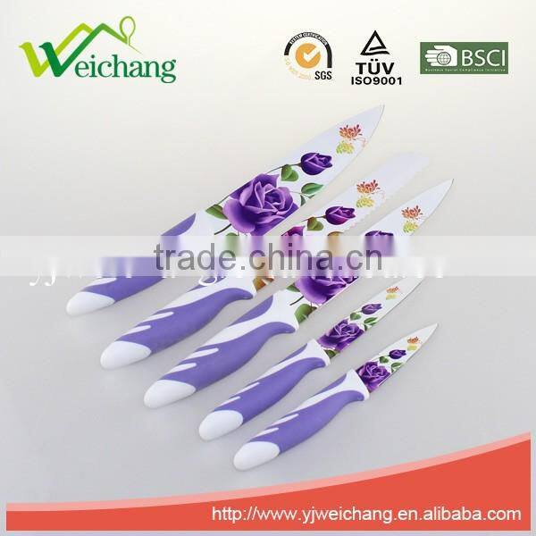WCE7102 5 pcs set Kitchen Knives colorful non-stick blade rubber with PP handles , hot sale