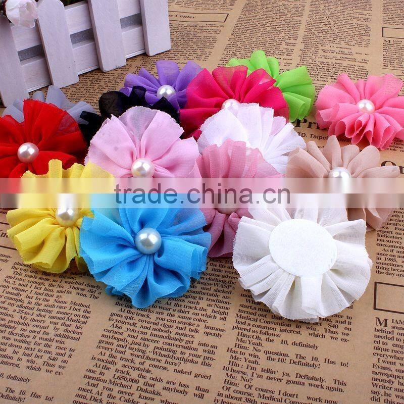 handmade chiffon flower with pearl beads center for kids hair accessories for baby girl