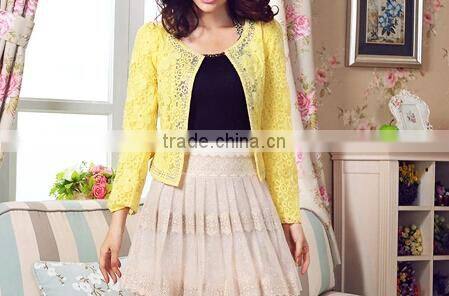 2015 ladies quality coat yellow sheer wholesale factory beaded coat