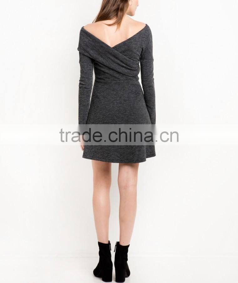 Grey Criss Cross Off The Shoulder Kint Fit And Flare Winter Women Dress Names Of Girls Dresses Wholesale Clothing Market HSD5691