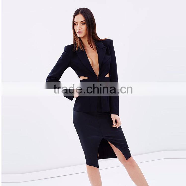 HAODUOYI Women Autumn Fashion Black Coat Women Long Sleeve Hollow Out Blazer Coat