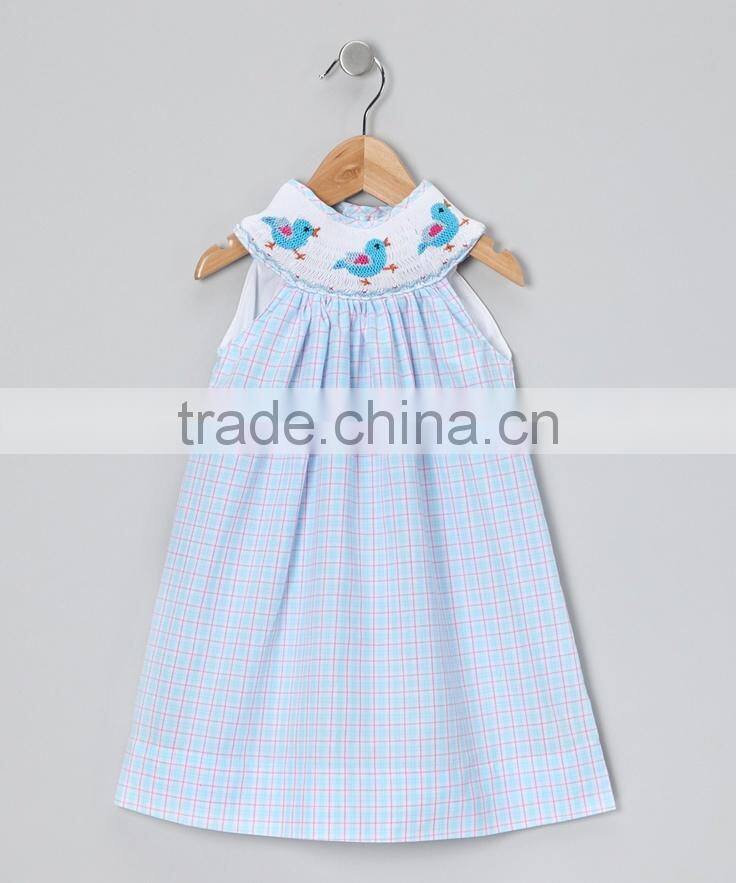 Children Cotton Frocks Designs Blue Plaid Periwinkle Bird Embroidered Baby Girls Birthday Party Dresses