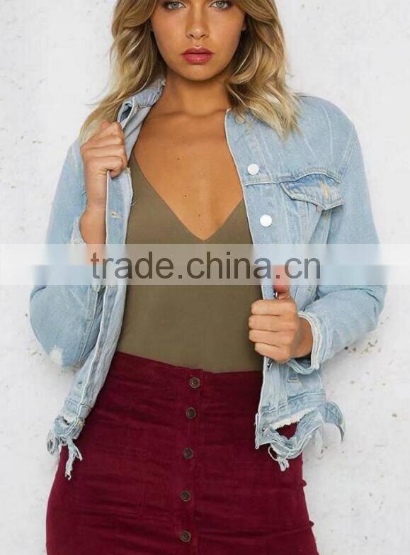 Runwaylover 143 New Style 2017 ladies Fashion Washed Hole Denim Jacket