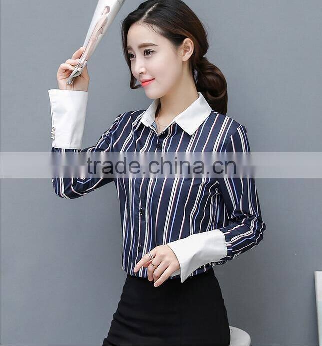 New Arrival Women's Loose Slim Long Sleeve Tops striped Blouses Designs For Sale