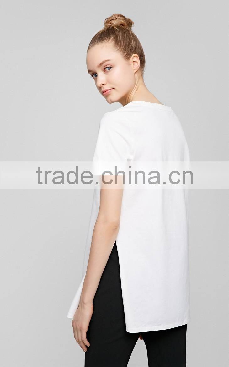 Women's English pattern high quality cotton long printing casual t shirt with high split sides