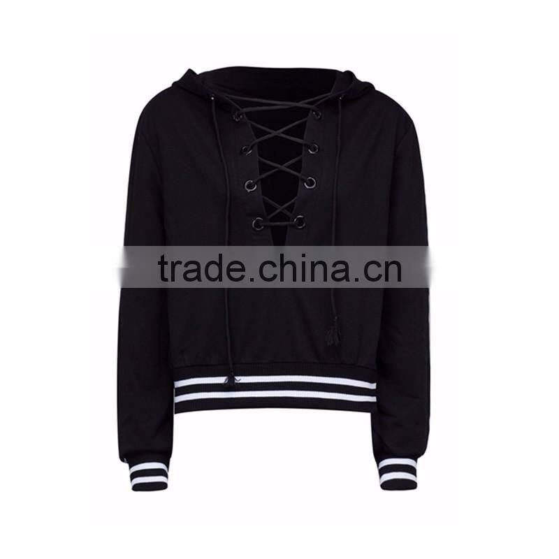 Ladies Black Plunge Laced Up Stripe Trims Cheap Hoodie Wholesale