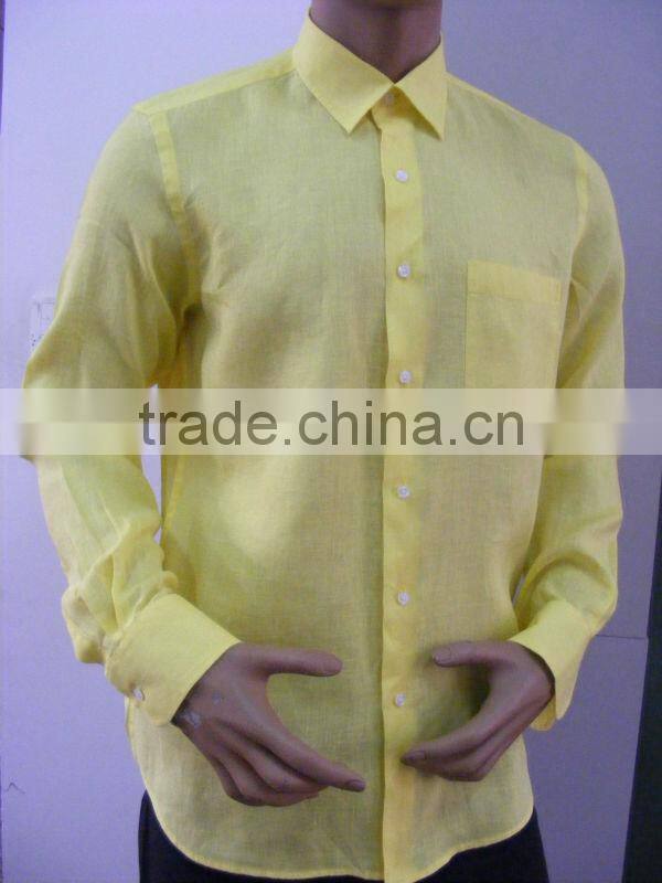 men's yellow linen shirt with long sleeve and one chest pocket