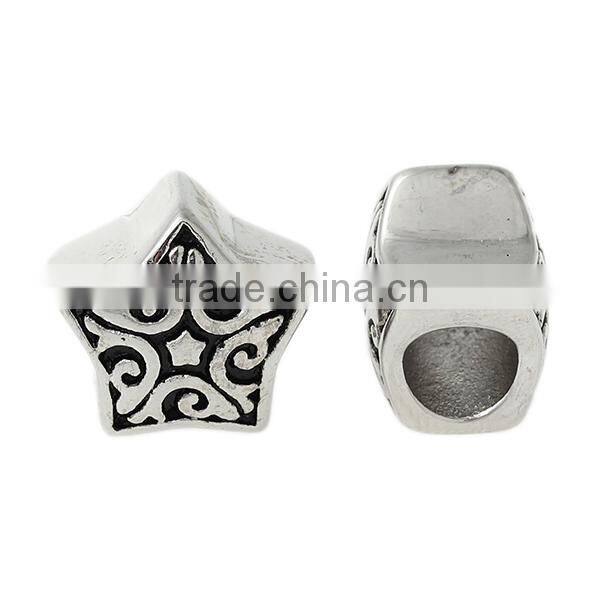 304 Stainless Steel European Style Large Hole Charm Beads Star Silver Tone Flower Carved Black Enamel About 12mm x 12mm