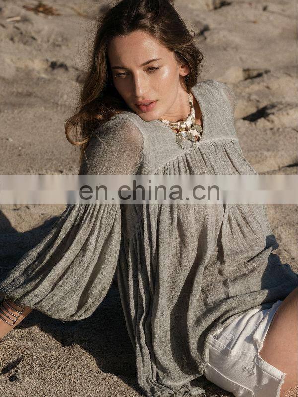 High quality 3/4 sleeve cotton yarn babydoll shirt , ladies gauze shirt