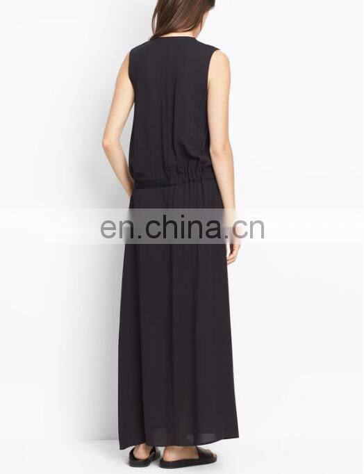 plain black casual flare maix dress v neck sleeveless tie waist dress for woman