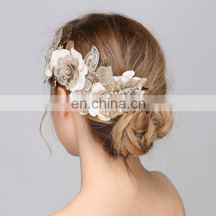 Wedding Party Leaves Headband with Rhinestone Gold Flower Head Piece Bride Vintage Hair Jewelry Accessories
