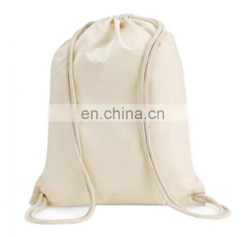 plain white blank organic cotton sport gym sack rope drawstring bag