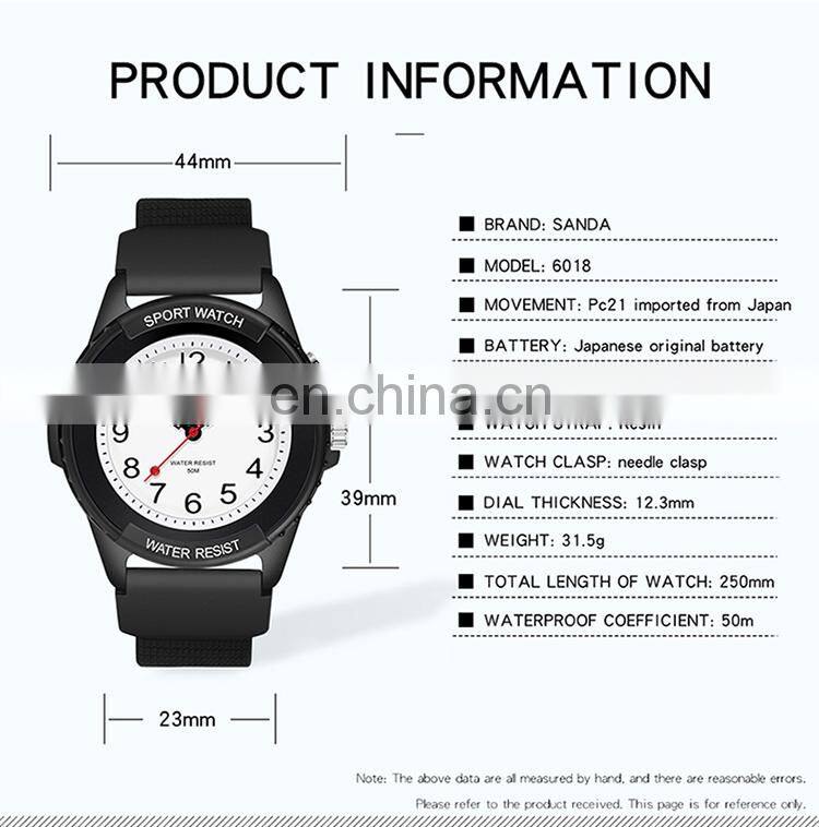 Sanda 6018 Casual Men Brand Quartz Wrist Watches Aanlog Luminous Resin Strap Water Resistant Fashion Men Hand Watch