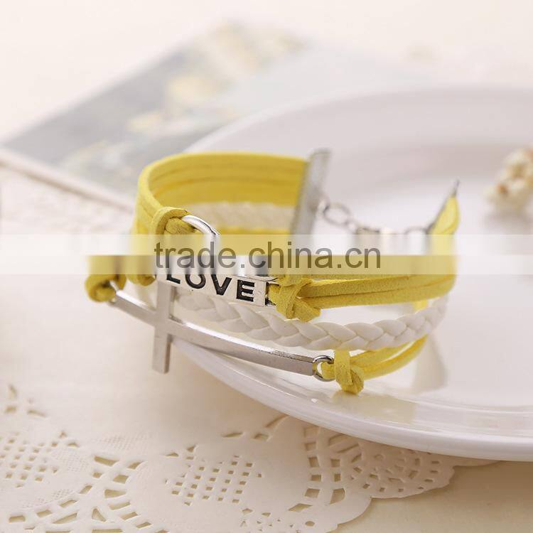 Mixed-Color Fashion Cross 8 word Leather&Nylon Charm Infinity Bracelet/Hand chain Alloy jewelry