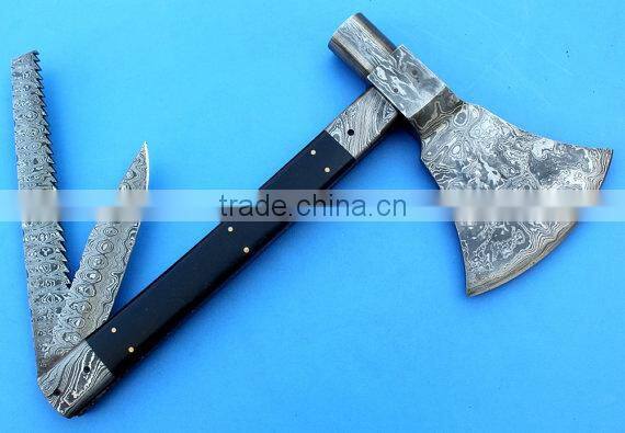Custom Handmade Damascus Axe fulfilling several functions- Axe Knife Saw Hammer / Camping / Hunting