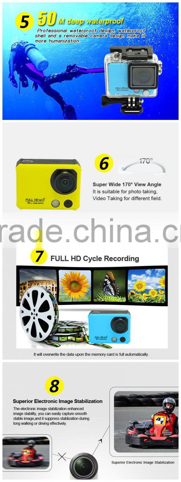 2016 WiFi Action Camera Helmet Sports Camera Waterproof With 2 Batteries and 1 Battery Charger Support Audio