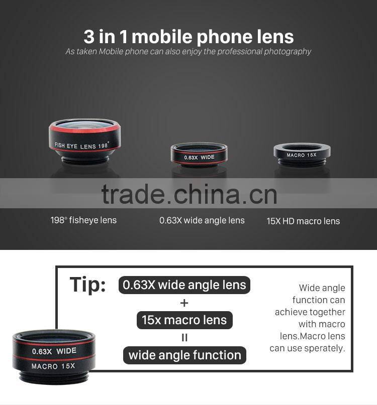 innovative phone accessories clip 198 degree fisheye lens 0.63x super wide angle lens+15x macro lens smartphone special lens