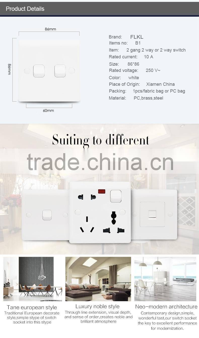 China manufacture PC material 10A 250V electrical 2 gang 2 way light wall switch