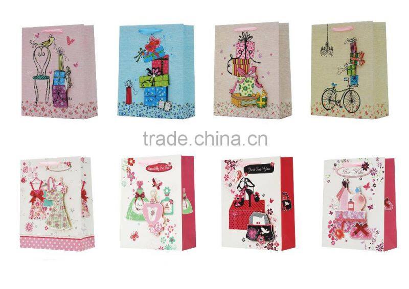 popular good looking stock 3D paper gift bag in stock with ribbon handles supplier and manufacture