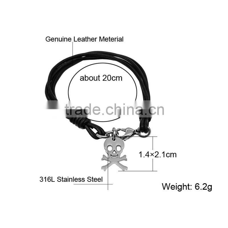 Fashion male femal real black leather bracelet wholesale skull bracelets, genuine thin leather bracelets maker (QS-0056)