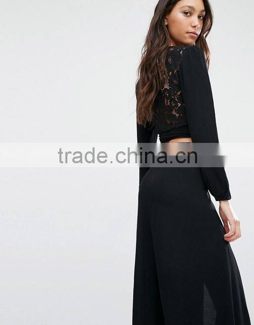 Lace Back patchwork Designer Plain Black long Sleeve wrap crop tops for women 2016