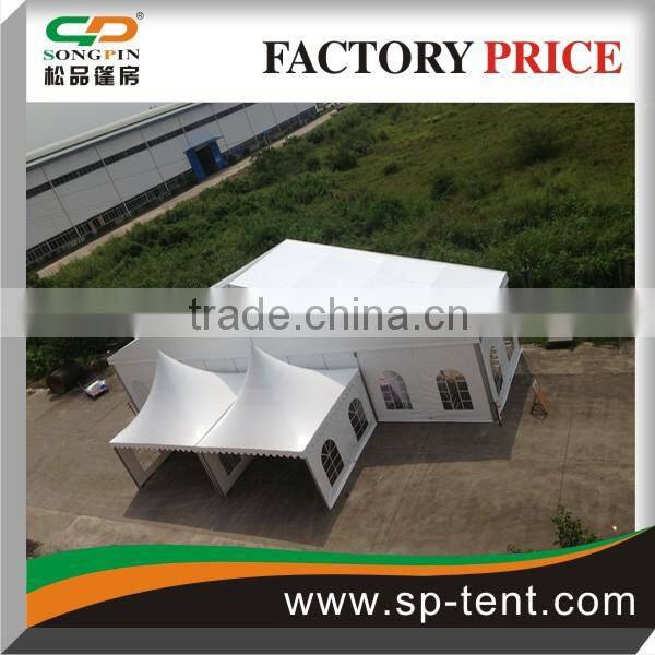 Customs clearspan marquee 10x20m with peaked roof and entrance pagoda tent