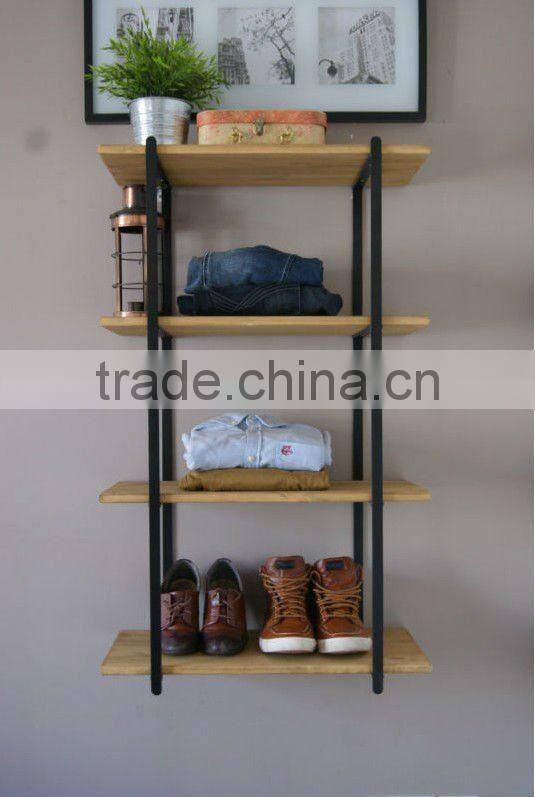Wooden 4 Tier Shose Shelf Unit Display - With Vintage Iron Wall Mounted Frames