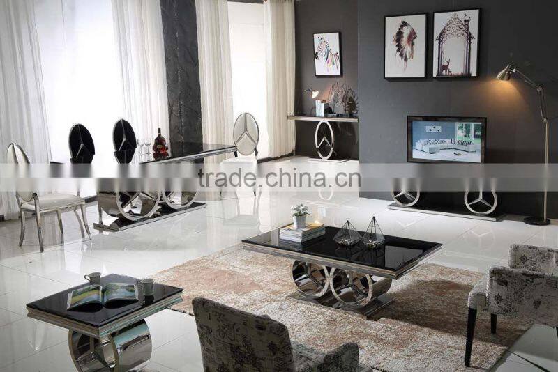 fashionable black galss side table with mirror silver stainless steel base