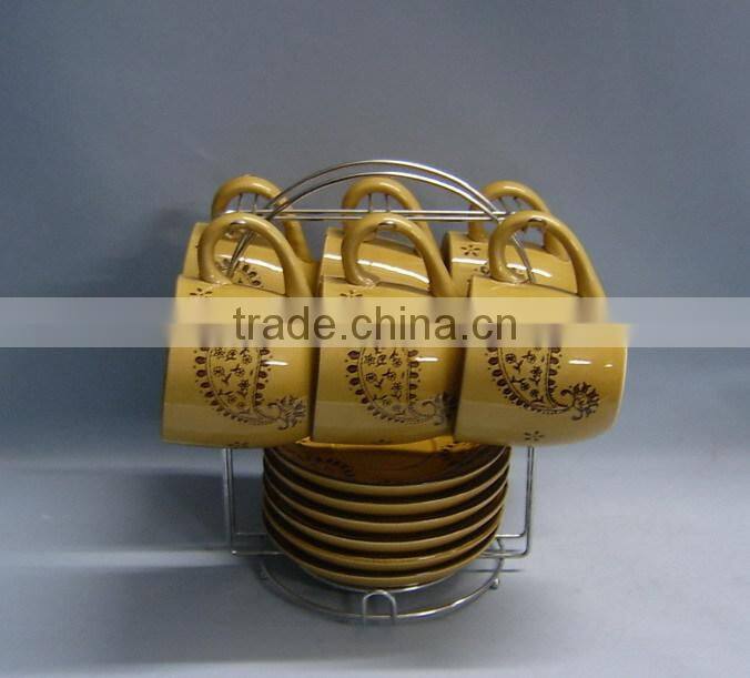 Hand printing ceramic custom tea set with saucer and rack