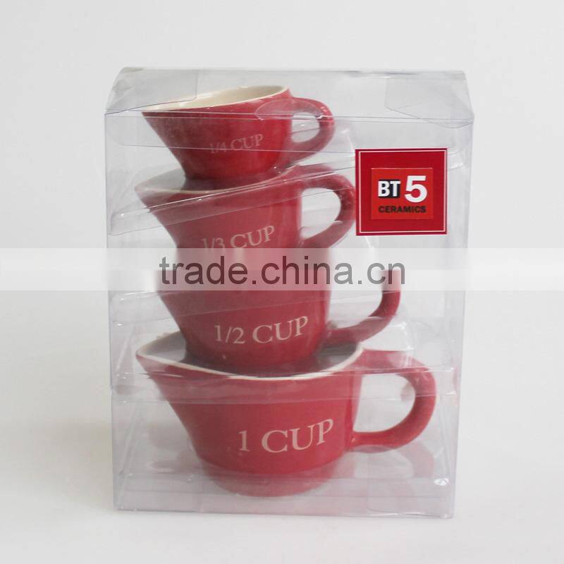 Set of 4 red color custom ceramic measuring cup tray set,snack tray
